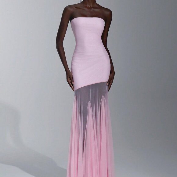 Pink Party Women's Elegant Bodycon Strapless maxi Mesh hem Dress - Picture 7 of 7
